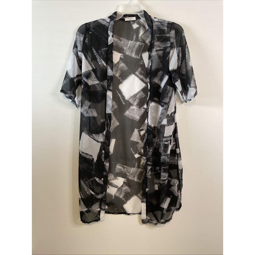 You‎ You Black White Sheer Kimono Duster Abstract Open Front Cover Up